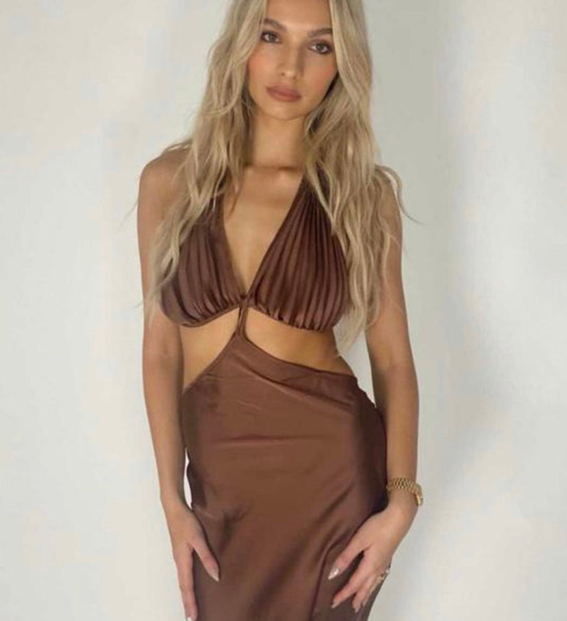 Pleat Cut Out Dress Brown